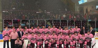 Peterborough Petes players in their pink jerseys at the 2018 Pink In The Rink game. This year's 10th anniverary game takes place on Saturday, February 2nd when the Petes take on the Oshawa Generals at the Peterborough Memorial Centre. (Photo: Pink In The Rink / Facebook)