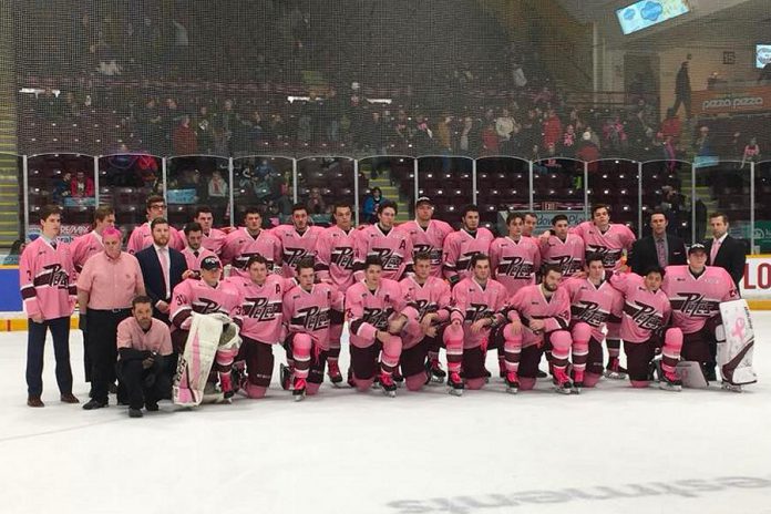 Peterborough Petes players in their pink jerseys at the 2018 Pink In The Rink game. This year's 10th anniverary game takes place on Saturday, February 2nd when the Petes take on the Oshawa Generals at the Peterborough Memorial Centre. (Photo: Pink In The Rink / Facebook)