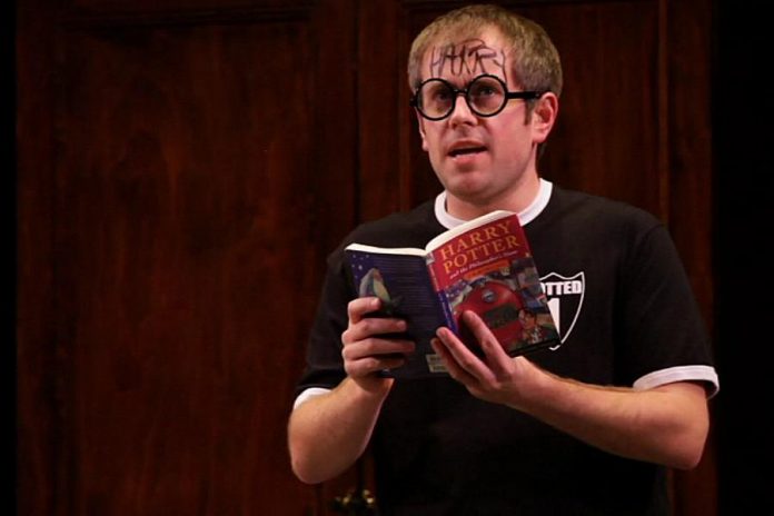 Original performer Jefferson Turner as Harry Potter in "Potted Potter: The Unauthorized Harry Experience  – A Parody by Dan and Jeff".  Turner and Daniel Clarkson originally created the show in 2005 to entertain Harry Potter fans lining up to purchase the sixth book in the series. (Photo: Potted Productions / Starvox Entertainment)