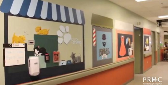 The murals painted by Art School of Peterborough volunteers include illustrations of storefronts from the past, which can encourage patients to reminisce about old memories, as well as flowers, scenic landscapes, and more. (Screenshot from PRHC video)