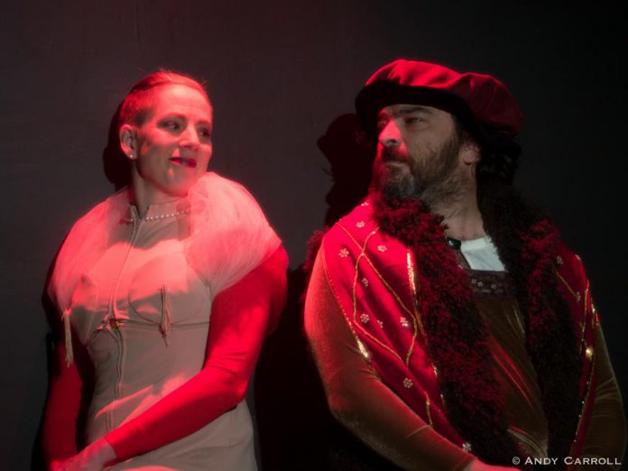 In "The Mute Canary", Kate Story performs as Barate and Matt Gilbert performs as her husband Riquet.  Riquet is obsessed with conflict and Barate is obsessed with sex. (Photo: Andy Carroll)