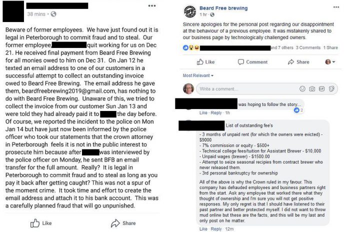 Beard Free Brewing closed in January 2019 following conflict and legal issues between the partners and a former employee. (Screenshots from Facebook, names redacted)