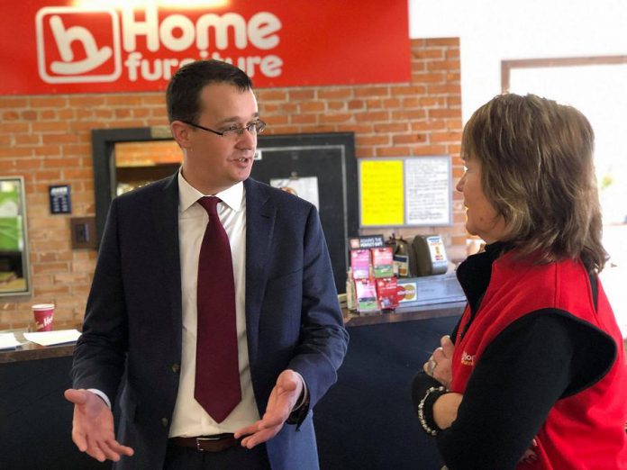 Ontario infrastructure Minister Monte McNaughton speaks with Cornerstone Furnishings co-owner Diane McNamara in Fenelon Falls. (Photo: Office of  Monte McNaughton)