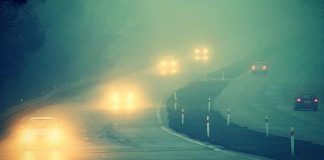 Cars on highway in fog