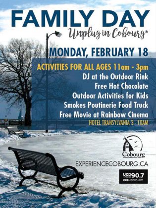 This Family Day, the Town of Cobourg is offering free skating with a DJ, free hot chocolate, outdoor activities for the kids, a food truck, and a free movie at Rainbow Cinemas. (Poster: Town of Cobourg)