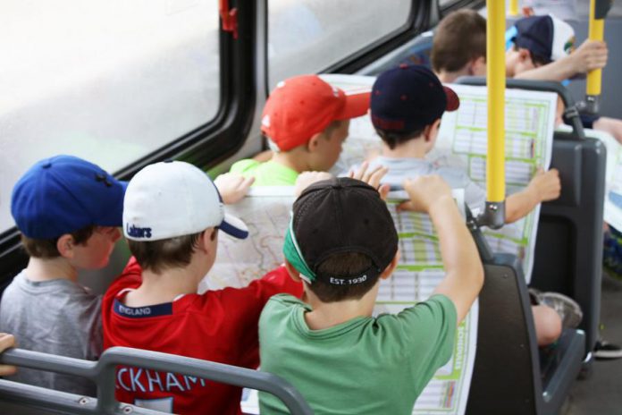 Grade three students participating in the On The Bus program learn how to navigate Peterborough Transit bus routes. (Photo courtesy of GreenUP)