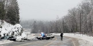 A serious two-vehicle accident on February 3, 2019 on Highway 28 on the hill between Big Cedar Lake Road and Mt. Julian Viamede Road. (Photo courtesy of Geri-Lynn Cajindos)