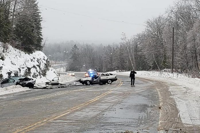A serious two-vehicle accident on February 3, 2019 on Highway 28 on the hill between Big Cedar Lake Road and Mt. Julian Viamede Road. (Photo courtesy of Geri-Lynn Cajindos)