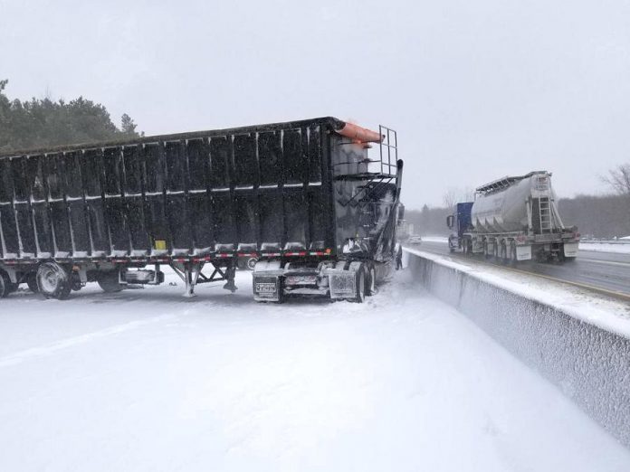 The westbound lanes of Highway 401 were closed between Quinte West and Brighton while OPP members trained in collision reconstruction measured and documented the scene.  (Photo: Northumberland OPP)