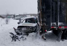 A jackknifed tractor trailer and four other vehicles were involved in a serious collision on Highway 401 near Brighton on the morning of February 13, 2019. One of the drivers was transported to hospital with serious injuries. (Photo: Northumberland OPP)