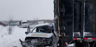 A jackknifed tractor trailer and four other vehicles were involved in a serious collision on Highway 401 near Brighton on the morning of February 13, 2019. One of the drivers was transported to hospital with serious injuries. (Photo: Northumberland OPP)