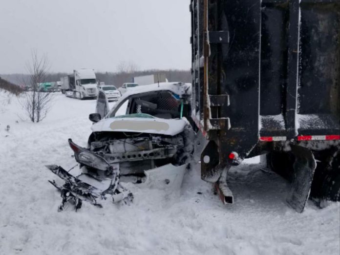A jackknifed tractor trailer and four other vehicles were involved in a serious collision on Highway 401 near Brighton on the morning of February 13, 2019. One of the drivers was transported to hospital with serious injuries. (Photo: Northumberland OPP)