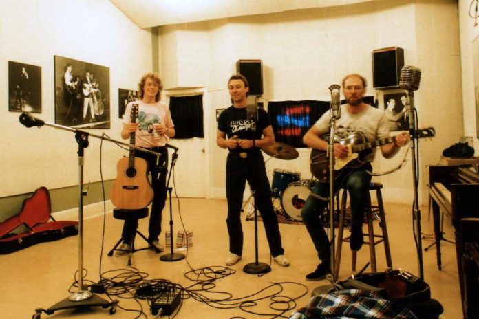 Rick Fines, Al Black, and Gary Peeples recording their first Jackson Delta record, "Delta Sunrise", at Sun Studio in Memphis in 1988. (Photo courtesy of Jackson Delta)