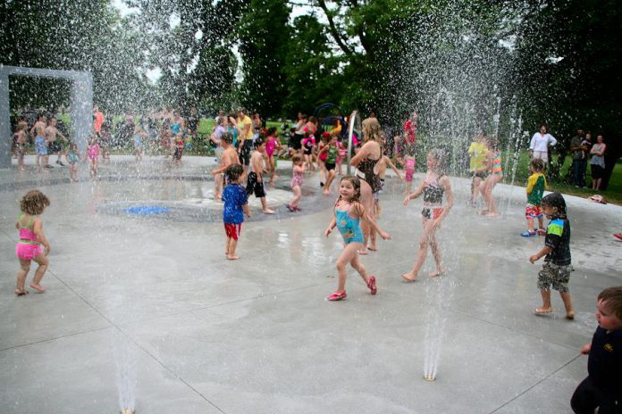 The Rotary splash pad at Nicholls Oval was constructed in June 2013, funded by Kawartha Rotary, community donations, the City of Peterborough, and more. (Photo courtesy of Rotary Club of Peterborough Kawartha)