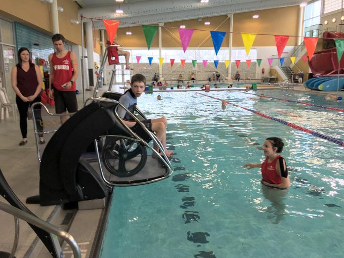 The "pool pod" at Peterborough Sport and Wellness Centre at Fleming College assists people with mobility impairments to get in and out of a pool independently. (Photo: City of Peterborough)