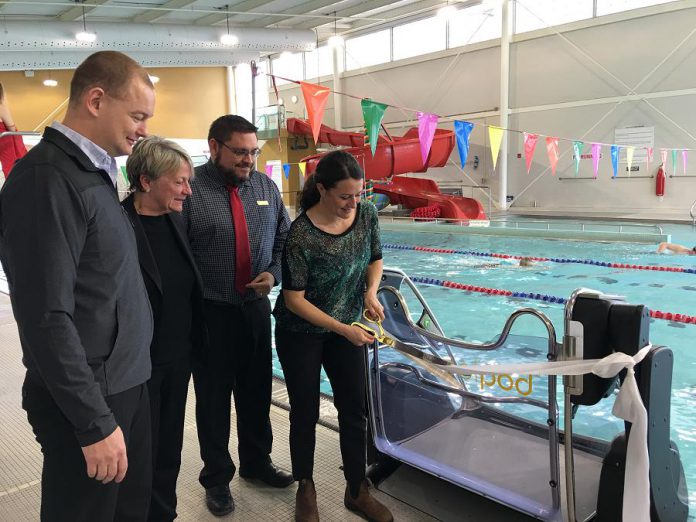 Peterborough mayor Diane Therrien cuts the ribbon on the new "pool pod", which was funded by a $50,000 grant from the Canadian Tire Jumpstart Charities.(Photo: City of Peterborough)