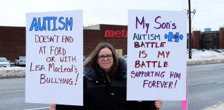 Marjory Leveille is raising her autistic nine-year-old son on her own. She was one of around 25 protesters who gathered outside of Northumberland—Peterborough South MPP David Piccini's constituency office at 117 Peter Street in Port Hope on February 15, 2019 to raise awareness of the impact of the Ontario goverment's changes to the Ontario Autism Program announced on February 6th. (Photo: April Potter / kawarthaNOW.com)