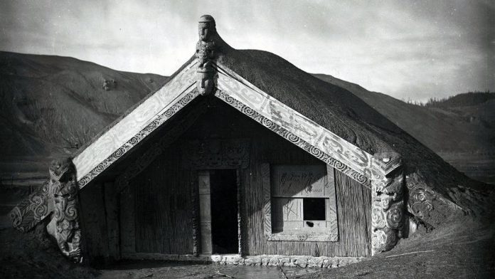 Maori meeting house Hinemihi after the eruption of Mount Tarawera in New Zealand in 1886. The building, which sheltered  Victoria Hunt's ancestors during the eruption, was dismantled and transported to England five years later. (Photo: A A Ryan/Hinemihi Collection)