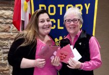 Barb Overwijk from Rubidge Retirement Residence and Kawartha Rotary member Janet McLeod with a few of the 80 customized Valentine's Day cards Rotary members made for residents of Rubidge Retirement Residence in Peterborough. (Photo courtesy of Rotary Club of Peterborough Kawartha)