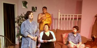 Sophie Kourtsidis as Jill, Dylan Robichaud as Byron, Colette Marshall Schroter as Daphne, and Collin Dusome as Alex in Lindsay Little Theatre's production of "Skin Flick", Norm Foster's comedy about the porn industry, which runs from February 8 to 16, 2019 in Lindsay. (Photo: Sam Tweedle / kawarthaNOW.com)