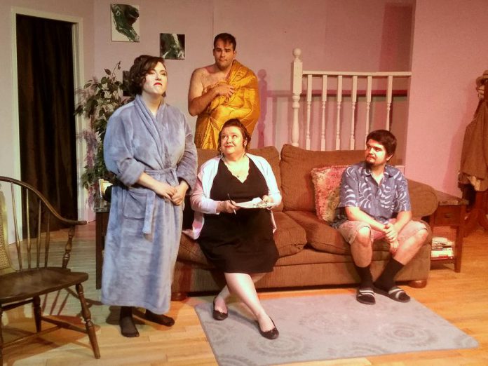 Sophie Kourtsidis as Jill, Dylan Robichaud as Byron, Colette Marshall Schroter as Daphne, and Collin Dusome as Alex in Lindsay Little Theatre's production of "Skin Flick", Norm Foster's comedy about the porn industry, which runs from February 8 to 16, 2019 in Lindsay. (Photo: Sam Tweedle / kawarthaNOW.com)