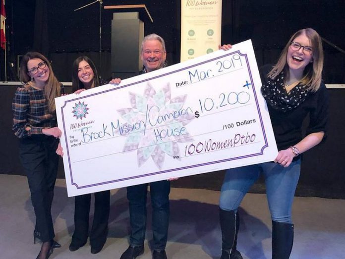 Brock Mission executive director Bill McNabb with (from left to right) Catia Skinner, Alyssa Stewart, and Wendy Hill who, along with Rosalea Terry (not pictured), co-founded 100 Women Peterborough in 2018. Members of 100 Women Peterborough raised more than $10,200, which Brock Mission will use for improvements at Cameron House,  a short-term emergency shelter for women. (Photo: Rosalea Terry)