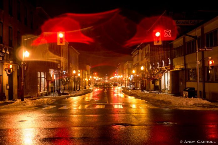 A wet winter's night at Hunter Street at Water Street in downtown Peterborough, 2019. (Photo: Andy Carroll)