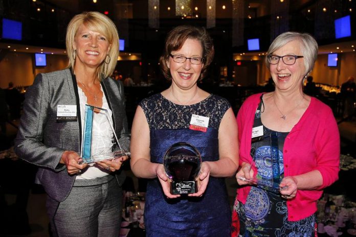 Gwyneth James of Cody & James Chartered Professional Accountants (middle) was named the Business Woman of the Year at the 2016 Peterborough Examiner Women in Business Awards, with Bridget Leslie of My Left Breast (left) and Betty Halman-Plumley of Investors Group (right) as finalists. The 2019 Women in Business Award, along with the Judy Heffernan Award, is now being presented by the Women's Business Network of Peterborough. Nominations for the two awards are now open until March 16, 2019. (Supplied photo)