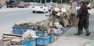 On July 15, 2004, a small but spectacular storm dumped more than 150 mm of rain in parts of the City of Peterborough in less than an hour. The city's sewer system couldn't cope with the huge volume of water, leading to back-ups and basement flooding. Around 12,500 tons of materials were placed in the landfill in the two weeks following the flood. (Photo: City of Peterborough)
