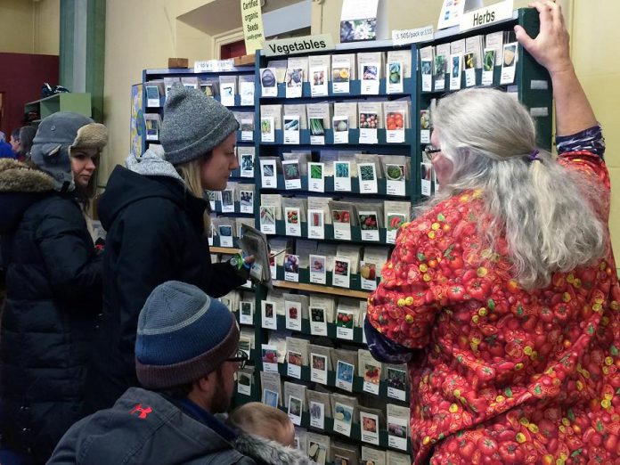 A vendor at last year's Seedy Sunday Peterborough help attendees select from a variety of organic vegetable and herb seeds. The 2019 event takes place on Sunday, March 10th from noon to 5 p.m. at Emmanuel East United Church. (Photo: Jillian Bishop)