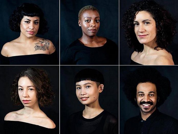 "No Woman’s Land" was created with and is performed by (left to right, top to bottom): Irma Villafuerte, Nickeshia Garrick, Victoria Mata, Drew Berry, Denise Solleza, and Ahmed Moneka.  (Photos: Kevin Jones)