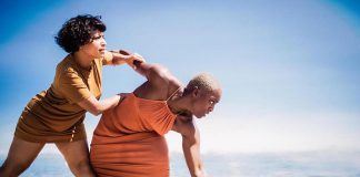 Irma Villafuerte and Nickeshia Garrick of Jaberi Dance Theatre in a promotional photo for "No Woman's Land", a multi-disciplinary dance performance that explores the real stories of women in refugee camps. Public Energy is hosting the world premiere of this important new work at the Market Hall Performing Arts Centre in downtown Peterborough on March 8 and 9, 2019. (Photo: Zahra Saleki)