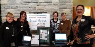 Nominations for the 2019 Women in Business and Judy Heffernan Awards close on March 16, 2019, with nominees announced on March 17 and the awards presentation taking place on April 9, 2019. Members of the organizing committee include (from left to right): Amy Simpson, Sofie Andreou, Gwyneth James, Carrie Warkford, and Charlina Westbye. Simpson and James are both past recipients of the Woman in Business Award, Andreou is a past recipient of the Judy Heffernan award, and Westbye is the daughter of the late Judy Heffernan. (Photo: Women's Business Network of Peterborough)