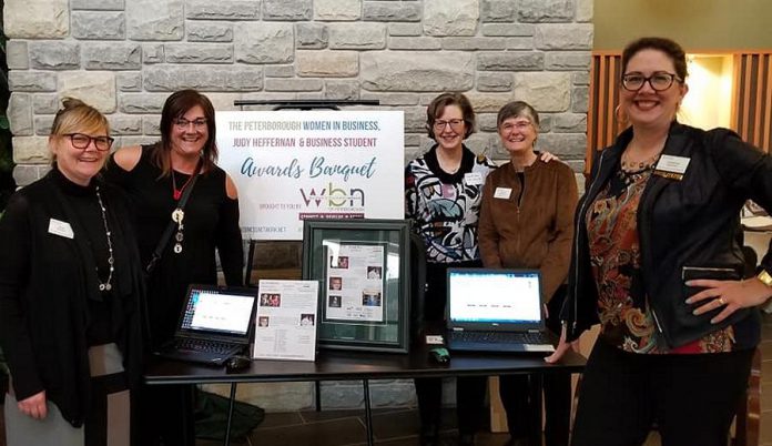 Nominations for the 2019 Women in Business and Judy Heffernan Awards close on March 16, 2019, with nominees announced on March 17 and the awards presentation taking place on April 9, 2019. Members of the organizing committee include (from left to right): Amy Simpson, Sofie Andreou, Gwyneth James, Carrie Warkford, and Charlina Westbye. Simpson and James are both past recipients of the Woman in Business Award, Andreou is a past recipient of the Judy Heffernan award, and Westbye is the daughter of the late Judy Heffernan. (Photo: Women's Business Network of Peterborough)