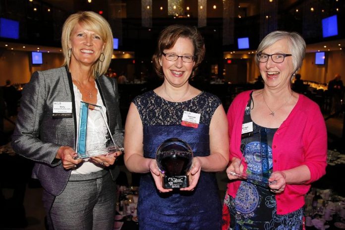 Gwyneth James of Cody & James Chartered Professional Accountants (middle) was named the Business Woman of the Year at the 2016 Peterborough Examiner Women in Business Awards, with Bridget Leslie of My Left Breast (left) and Betty Halman-Plumley of Investors Group (right) as finalists. Now known as the Women in Business Award, the award is being presented in 2019, along with the Judy Heffernan Award, by the Women's Business Network of Peterborough. (Supplied photo)