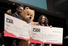 Dylan Trepanier of Alexander Optical and Cheryl Gould of Electric Juice Factory have won the 2019 Bears' Lair Entrepreneurial Competition, with each taking home a cash prize of $8,350. The final pitch event was held on April 30, 2019 at The Venue in downtown Peterborough. (Photo: Bianca Nucaro / kawarthaNOW.com)
