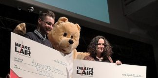 Dylan Trepanier of Alexander Optical and Cheryl Gould of Electric Juice Factory have won the 2019 Bears' Lair Entrepreneurial Competition, with each taking home a cash prize of $8,350. The final pitch event was held on April 30, 2019 at The Venue in downtown Peterborough. (Photo: Bianca Nucaro / kawarthaNOW.com)