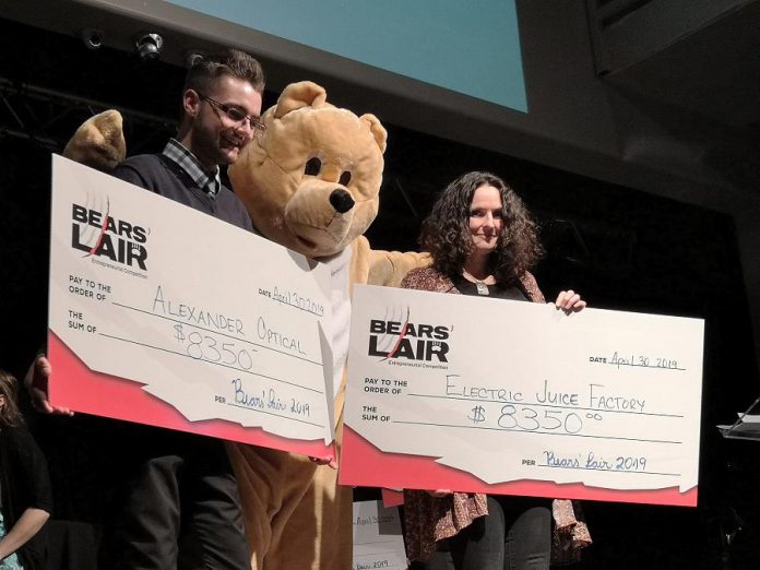 Dylan Trepanier of Alexander Optical and Cheryl Gould of Electric Juice Factory have won the 2019 Bears' Lair Entrepreneurial Competition, with each taking home a cash prize of $8,350. The final pitch event was held on April 30, 2019 at The Venue in downtown Peterborough. (Photo: Bianca Nucaro / kawarthaNOW.com)