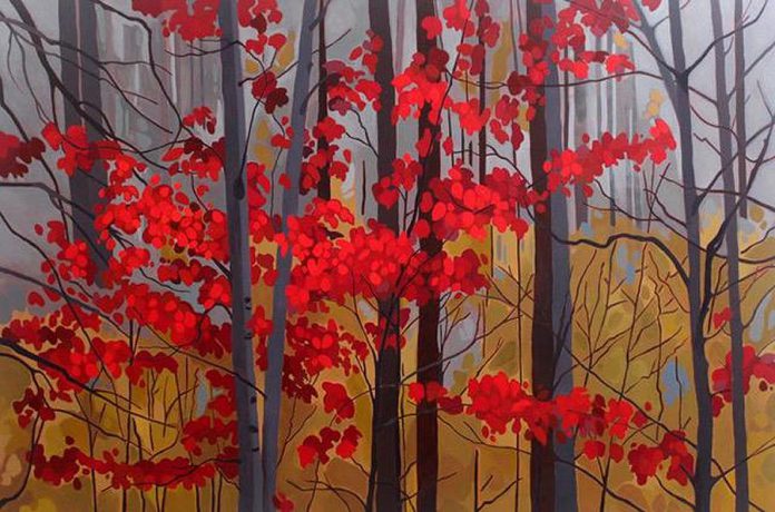 'Red Leaves II' (2018, 60x40", acrylic on canvas) by Leanne Baird. (Photo courtesy of Colborne Street Gallery)