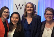 2019 Women in Business Award winner Monika Carmichael (second from right) and 2019 Judy Heffernan Award winner Kim Appleton (right) along with Tara Spence from Trent University and Jo Oanh Ho from Fleming College, the recipients of the 2019 Female Business Student Award. Not pictured: Erin McLean and Bridget Leslie, the two finalists for the 2019 Women in Business Award. (Photo: Bianca Nucaro / kawarthaNOW.com)