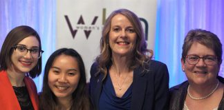 2019 Women in Business Award winner Monika Carmichael (second from right) and 2019 Judy Heffernan Award winner Kim Appleton (right) along with Tara Spence from Trent University and Jo Oanh Ho from Fleming College, the recipients of the 2019 Female Business Student Award. Not pictured: Erin McLean and Bridget Leslie, the two finalists for the 2019 Women in Business Award. (Photo: Bianca Nucaro / kawarthaNOW.com)