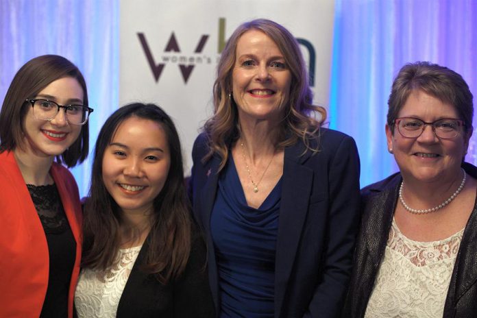 2019 Women in Business Award winner Monika Carmichael (second from right) and 2019 Judy Heffernan Award winner Kim Appleton (right) along with Tara Spence from Trent University and Jo Oanh Ho from Fleming College, the recipients of the 2019 Female Business Student Award. Not pictured: Erin McLean and Bridget Leslie, the two finalists for the 2019 Women in Business Award. (Photo: Bianca Nucaro / kawarthaNOW.com)