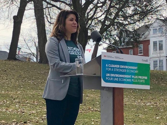 Jessica Correa, founder and CEO of Peterborough-based environmental social enterprise Random Acts of Green, speaks at the federal government's announcement on April 18, 2019 of $200,000 in funding from the Climate Action Fund to help her company develop and promote its mobile app that encourages people to reduce their greenhouse gas emissions. (Photo: Office of Maryam Monsef)