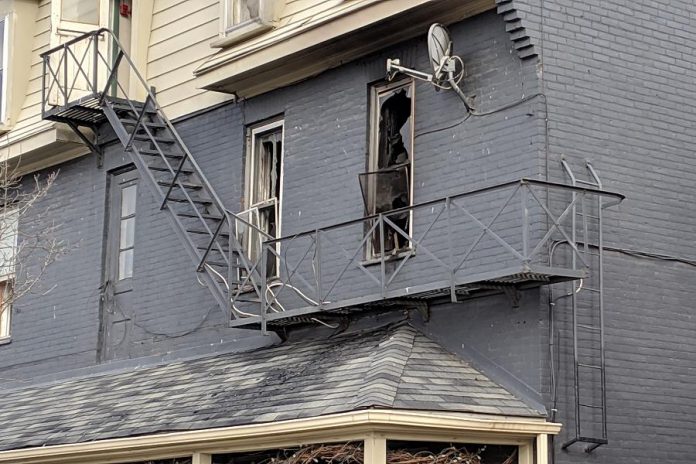 Some of the damage following  a fire that occurred around 4:52 a.m. on April 30, 2019 at a second floor apartment at 72 Hunter Street East in Peterborough's East City. An occupant of the apartment was initially taken to a local hospital, and was then  flown to a Toronto hospital where they remain with serious injuries.  (Photo: Bruce Head / kawarthaNOW.com)