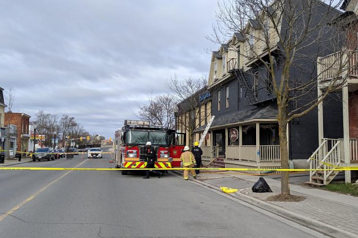 Police and fire services on the scene of a fire at 72 Hunter Street East in Peterborough on April 30, 2019. A portion of Hunter Street West was closed for seven hours following the fire. (Photo: Bruce Head / kawarthaNOW.com)