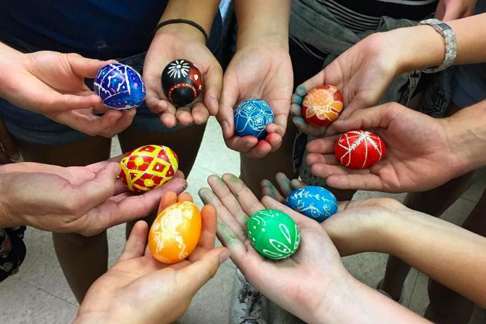 During the First Friday Art Crawl, Oksana Hawrylak and Olenka Kleban of Folk Camp Canada will be at Watson & Lou (383 Water St.) to demonstrate how to make "Pysanky" (Ukrainian Easter eggs) just in time for Easter. It's one of many events taking place in downtown Peterborough on on April 5, 2019. (Photo: Folk Camp Canada / Instagram)