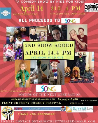 Ontario Street Theatre is presenting the annual "Float Ur Funny Comedy Festival" during race week, including a fundriasing comedy show featuring kid comics at Ganarascals in Port Hope on April 14, 2019. (Poster: Ontario Street Theatre)