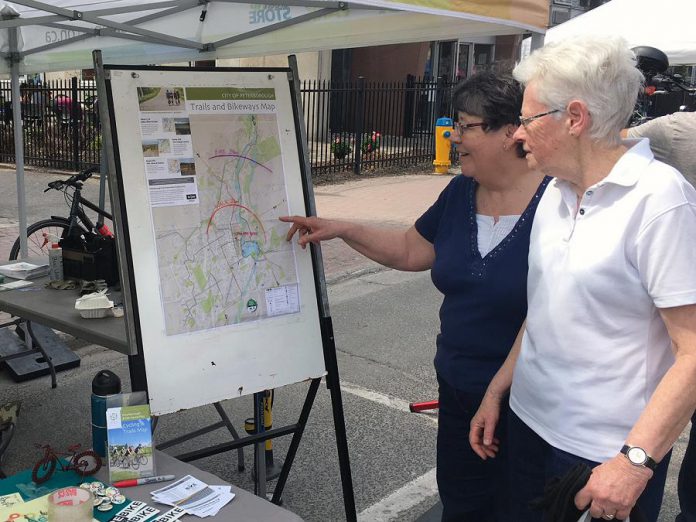 Participants find new routes around town at the Shifting Gears booth at the Farmers' Market. Shifting Gears will be at the Wednesday Downtown Peterborough Farmers' Market on May 1, 2019. (Photo courtesy of GreenUP)