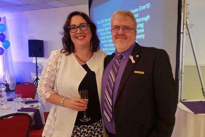 The late Judy Heffernan's husband Roy and daughter Charlina at the reception for the Women's Business Network of Peterborough's Women in Business Award and Judy Heffernan Award dinner at Personal Touch Banquet Hall in Peterborough on April 9, 2019. (Photo: Jeannine Taylor / kawarthaNOW.com)