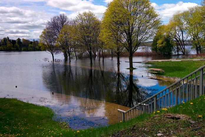 In 2017, Little Lake rose above the retaining walls and flooded the parking lot at Ashburnham Lock 20 at Beavermead Park in Peterborough. While water levels are not yet this high, the City of Peterborough remains under a flood warning as water levels will continue to rise along the Kawartha Lakes and Otonabee River and 25 to 45 millimetres of rain is forecast for Friday. (Photo: Bruce Head / kawarthaNOW)